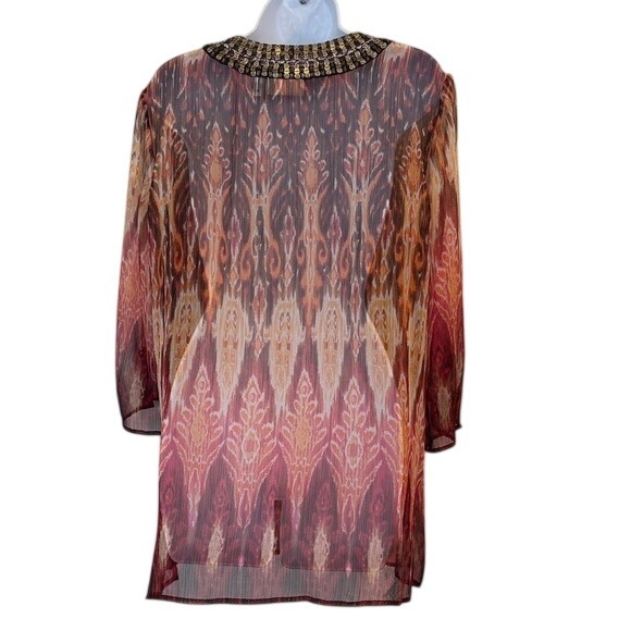 Chicos Size 2 Beaded Neck Tunic Top Blouse Sheer Ikat Print Kimono Sleeve - Picture 4 of 6